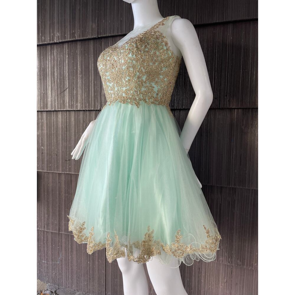 🔥Let’s Aqua Mesh Illusion Neck Gold Lace Appliqué Tulle Party Babydoll Dress - Picture 3 of 16